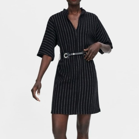 Zara Mandarin Collar Black and White Stripe Knit Tunic Dress Size Small - Picture 1 of 13